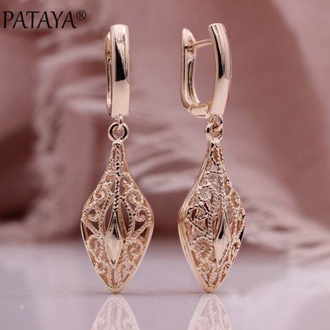 PATAYA-pendientes largos para mujer de flor tallada, regalo único, joyería de moda de boda fina, aretes colgantes de cono de rosa dorada hueca 585 ► Foto 1/6