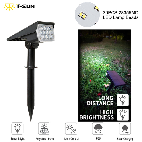 Luz Solar de jardín impermeable IP65, T-SUNRISE, 20LED, color blanco frío, encendido/apagado automático, para exteriores, focos de paisaje ► Foto 1/6