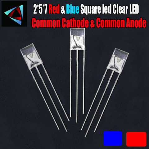 Diodo led cuadrado de doble Color, 50 Uds., 2*5*7, lente transparente roja y azul, cátodo común y ánodo común, luz redonda bicolor DIY ► Foto 1/1