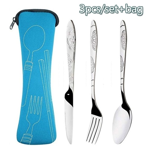 Juego de cubertería de acero inoxidable con impresión, set de cuchara, tenedor y cuchillo para carne, portátil, de viaje, con bolsa, 3 o 7 unidades ► Foto 1/6