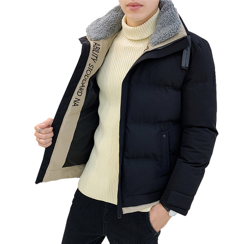 Ropa de trabajo, a la moda Chaqueta de algodón con cuello de cordero para hombre, chaqueta informal corta bonita, chaqueta casual ajustada de calle para invierno ► Foto 1/6