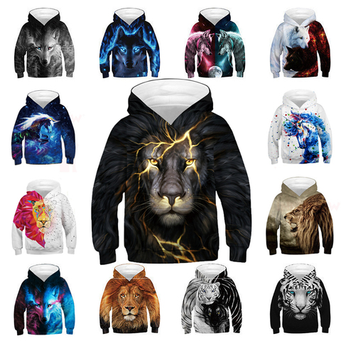 León y Lobo 3D niños sudaderas con capucha adolescentes Primavera de gran tamaño sudadera para niño de 4 a 14 años Navidad sudaderas con capucha niños sudadera ropa ► Foto 1/6