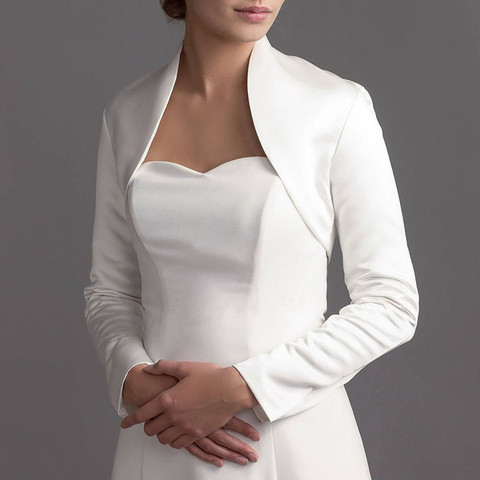 Chaqueta de boda de manga larga para mujer, abrigo de novia hecho a medida, Color blanco satinado, Bolero ► Foto 1/6