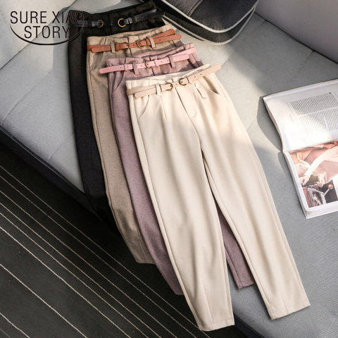 Otoño e Invierno pantalones de lana 2022 nuevo estilo coreano mujeres de alta cintura con cinturón pantalones delgados mujer caliente pantalones largos 6992 50 ► Foto 1/6