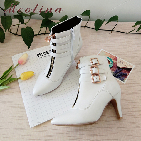 Meotina-Botas de tacón alto para mujer, botines con hebilla de punta estrecha, zapatos con cremallera, color blanco, 44 45 11 talla grande, otoño ► Foto 1/6