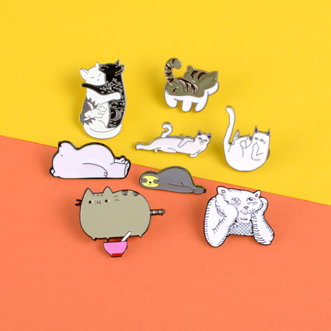 Lindo animal Pines de esmalte perezoso encantador gato pensador Tigre broche sospecha vida oso pin para solapa con insignia de dormir perezoso regalo de la joyería ► Foto 1/6