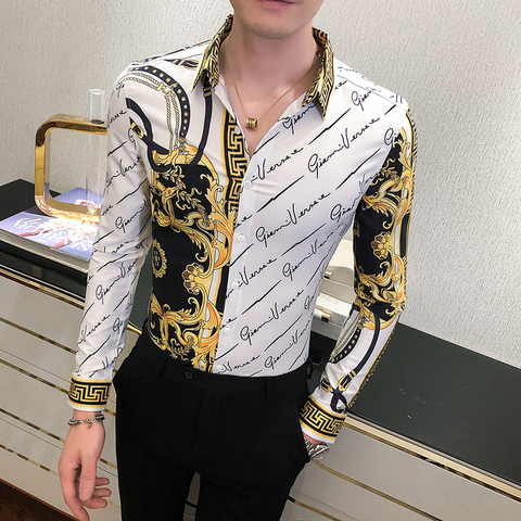 Camisas negras de lujo para hombre, camisa de vestir blanca, de manga Vintage, estampada, Social, informal, a la moda - Historial de y revisión | Vendedor de AliExpress -