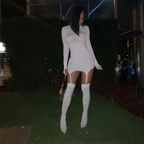 Vestido corto femenino ajustado con mangas largas, minivestido Sexy ajustado de Color blanco y negro con gancho para mujer, para fiesta y Club ► Foto 1/6