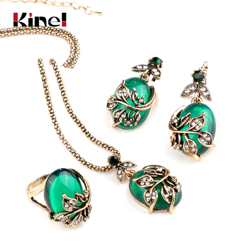 Kinel-conjunto de joyería de flores de cristal ovalado verde para mujer, 3 uds., anillo Vintage de oro antiguo, pendiente, colgante, collar, joyería de boda para mujer ► Foto 1/6