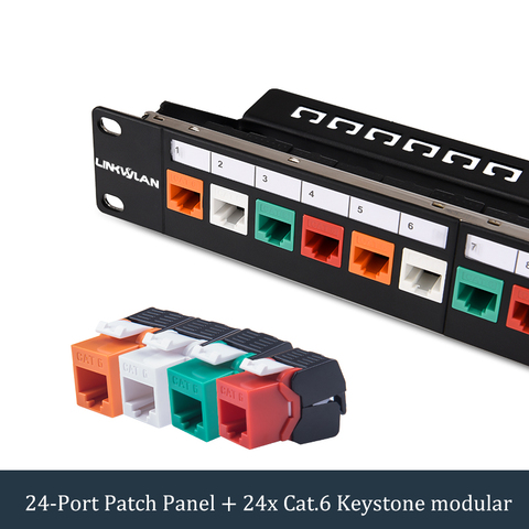 Panel de parche Modular Cat6 de 19 pulgadas, 24 puertos Incl. Gatos Keystone sin herramienta RJ45, 24 Uds. (conectores de Color mixto: rojo + naranja + blanco) ► Foto 1/6