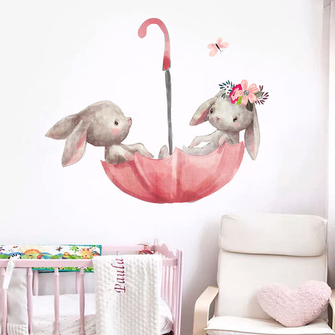 Pegatinas de pared con bonito conejo para habitación de niños, decoración del hogar de ballet de color gris para habitación de bebé y gato, con flores rosas ► Foto 1/6