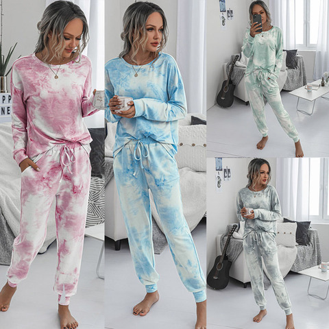 Loungewear-Conjunto de pijamas para niños y mujeres, ropa de dormir para el hogar con tinte dibujo corbata, pijamas de manga larga a la moda para primavera y verano, informal ► Foto 1/6