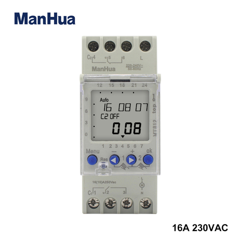 ManHua-Interruptor de tiempo Digital LCD, carril DIN programable, semanal, multifunción, 2 canales, 16A, MT812 (AHC812) ► Foto 1/6