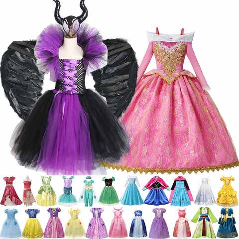 Disfraz de princesa Bella de fantasía con guantes para niña, vestido de baile Floral rosa para fiesta de belleza durmiente de Navidad, vestido de Elsa de jazmín para niña ► Foto 1/6