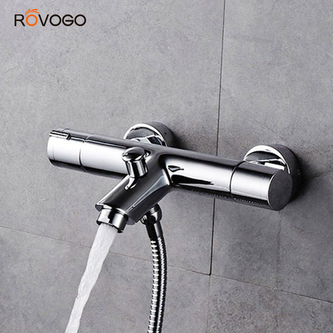 ROVOGO-grifo de bañera con Mezclador de Baño termostática y ducha de mano, juego de grifos de baño, latón cromado ► Foto 1/2