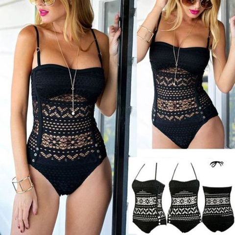 Traje de baño de una pieza de talla grande 2022 Sexy negro ahuecado traje de baño sólido traje de baño femenino ropa de playa Monokini para mujer ► Foto 1/6