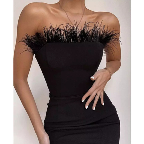 Nueva moda Vestido sensual sin tirantes y espalda al descubierto pluma negro Midi mujeres Vestido Bodycon vendaje 2022 diseñador de moda Vestido de fiesta en Club Vestido ► Foto 1/6