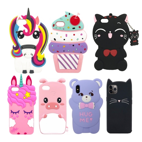 Funda de goma con dibujos animados para iPhone, funda trasera de silicona suave con diseño de gato unicornio y oso 3D para iPhone 7 6 6S Plus X XS 8 7 6S 5S SE ► Foto 1/6