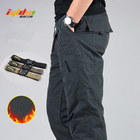 Pantalones Cargo impermeables para hombre, pantalones gruesos de lana cálidos de doble capa, múltiples bolsillos, informales, militares, tácticos, holgados, de invierno ► Foto 1/6