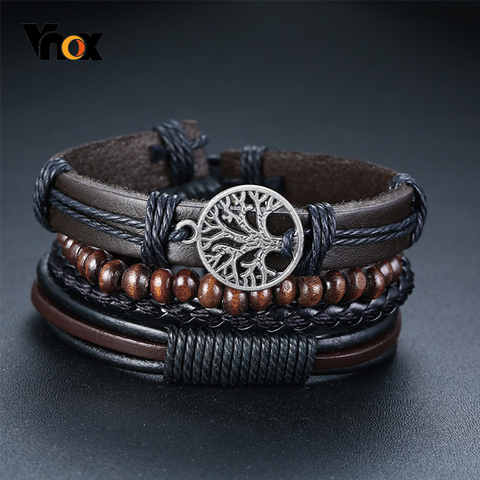 Vnox 4 unids/set envoltura trenzada pulseras de cuero para hombres Vintage Árbol de la vida amuleto timón cuentas de madera étnica muñequera Tribal ► Foto 1/6