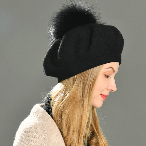 Boinas para mujeres sombrero invierno mujer Casual de boinas de lana Natural de piel de mapache Pom primavera señoras Color sólido boina sombreros ► Foto 1/6