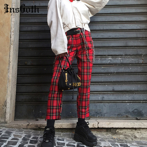 InsGoth ropa de calle Punk Plaid rojo recta pantalón mujeres Harajuku gótico alta cintura Pantalones casuales Partwork Slim Pantalón de moda ► Foto 1/6