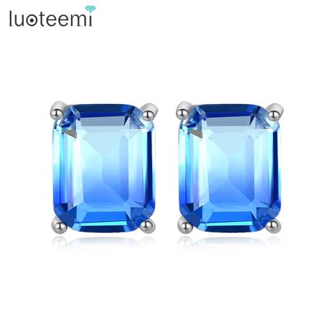 LUOTEEMI-pendientes de tuerca cuadrados para mujer, joyería de compromiso de boda, azul, púrpura, CZ, joyas Brincos para mujer, regalos de navidad ► Foto 1/6