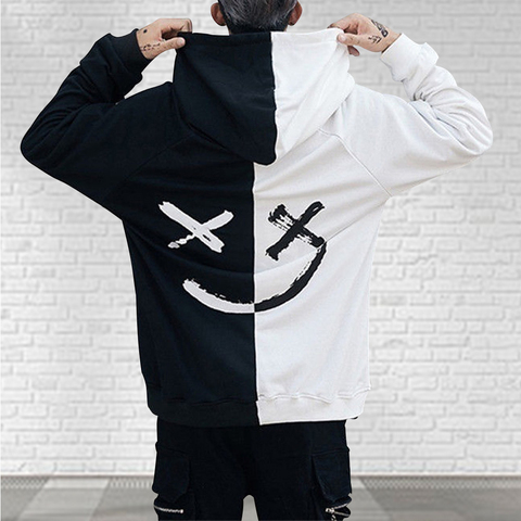 Sudaderas con capucha para hombre y mujer, suéteres con estampado de cara feliz sonriente, Sudadera con capucha de retazos, ropa de calle de Hip Hop, jersey con capucha ► Foto 1/6