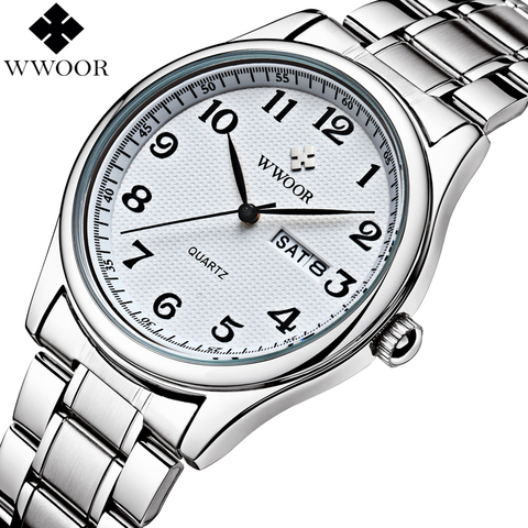 WWOOR-Reloj clásico de Reloj Blanco para Hombre, de cuarzo, resistente al agua, de pulsera, de acero inoxidable, con fecha ► Foto 1/6