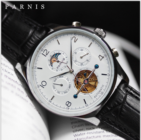 Parnis-Reloj de pulsera automático para hombre, con esfera blanca de 43mm, con calendario de fase lunar, movimiento mecánico, caja de regalo, JHS35 ► Foto 1/6