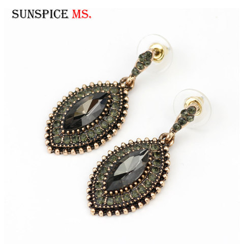 SUNSPICEMS-pendientes Retro de cristal para mujer, Color dorado, gris, étnico, boda pendiente gota, regalos de novia, joyería India al por mayor ► Foto 1/6