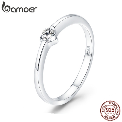 Bamoer Plata de Ley 925 luminoso anillo para dedo simple anillos de boda con corazón para mujeres boda compromiso joyería SCR450 ► Foto 1/6