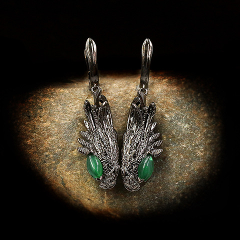 Pendientes de plata de ley 925 con forma de pluma y alas para mujer, joyería con forma de pluma, con incrustaciones de circonita AAAA verde, temperamento femenino ► Foto 1/5