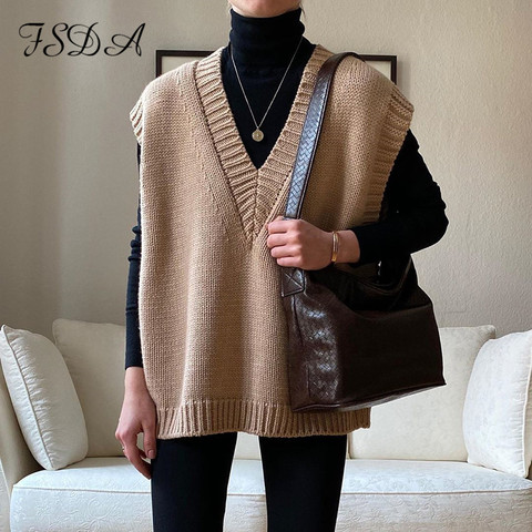 FSDA-suéter tejido tipo Chaleco con escote en V para mujer, Jersey informal de color caqui sin mangas, Jersey gris para otoño e invierno, 2022 ► Foto 1/6