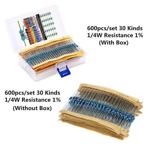 600 uds/lote 1/4W resistencia de película metálica Kit de resistencia 1% Kit surtido conjunto de 10 -1M Ohm hm paquete resistencia 30 valores cada 20 Uds ► Foto 1/6