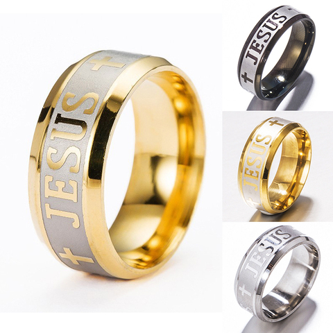 Anillo con letra de Jesús para hombre y mujer, de titanio, acero inoxidable, dorado, negro, plateado, Cruz, regalo de joyería para pareja ► Foto 1/6