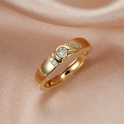 Anillo de compromiso redondo para mujer, sortija de boda, Color dorado, con piedras de cristal blancas, anillos abiertos ► Foto 1/6