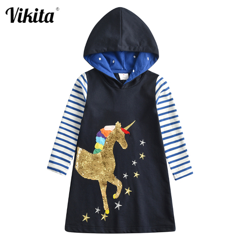 VIKITA-vestidos con capucha para niña, ropa de algodón, vestido de princesa de Navidad, vestidos de unicornio para niño, ropa para niña, vestido de otoño ► Foto 1/6