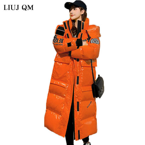 Chaqueta de algodón con capucha para mujer, parka larga por encima de la rodilla, color naranja brillante, de talla grande, para invierno, 2022 ► Foto 1/6