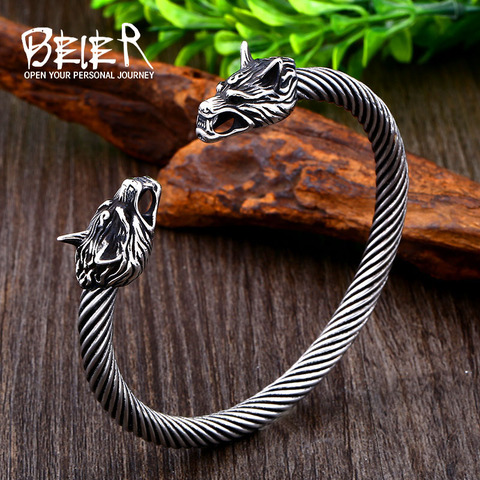 Beier 316L Acero inoxidable vikingo doble cabeza de lobo pulsera ajustable para hombre joyería clásica de moda de animales LLBRG-009G ► Foto 1/6