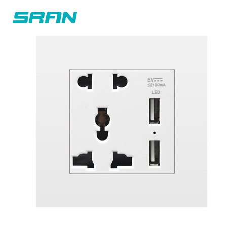 SRAN 5 pin toma de corriente universal con USB, salida usb dual 5V 2.1A interruptor led inteligente PC panel 86mm * 86mm toma de corriente de pared blanca ► Foto 1/6