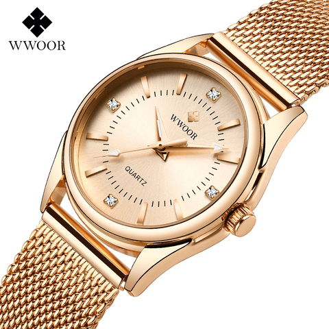 Reloj de lujo WWOOR 2022 con diamante para mujer, oro rosa, pulsera pequeña, relojes para regalo para mujer, reloj de cuarzo femenino ► Foto 1/6