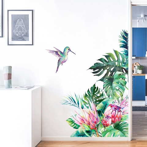 Pegatinas de pared de hojas tropicales, flores y pájaros, decoración de la habitación, mural para sala de estar, pegatinas decorativas para el hogar, pegatina extraíble ► Foto 1/1