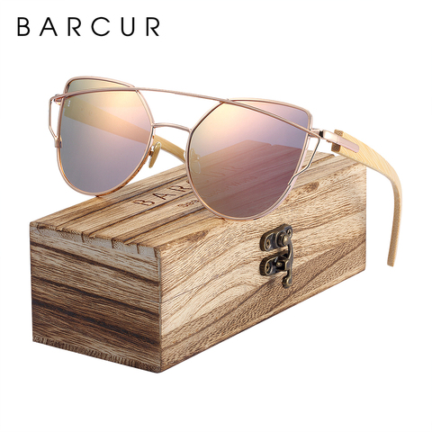 BARCUR gafas de sol de bambú con forma de ojo de gato, gafas de madera con marco de Metal polarizado, gafas de sol de moda de lujo para mujer con caja ► Foto 1/6