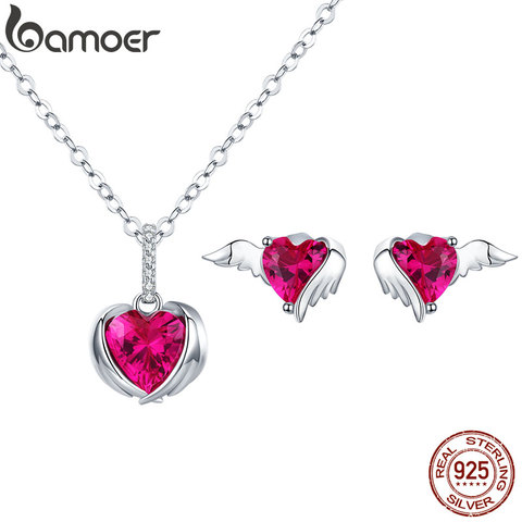 Bamoer-collar con colgante de corazón de alas de guarda para mujer, aretes de tuerca, juegos de joyas para mujer, joyería de plata de ley 925 ZHS146, 4 Uds. ► Foto 1/6