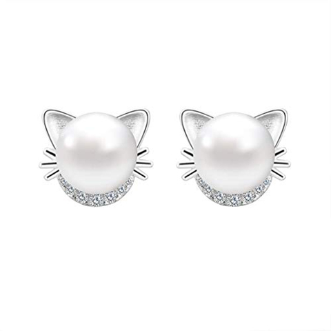 Pendientes con diamantes de imitación de gato adorables para mujer, pendientes brillantes de perlas blancas para niñas, accesorios de moda ► Foto 1/1