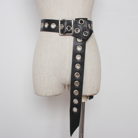 Cinturón para mujer de moda nudo cinturón largo negro remache hueco anudada correa de cuero suave de la PU cinturón pin de plata hebilla cinturones ► Foto 1/6
