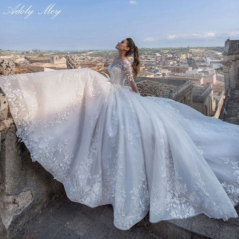 Adoly Mey-vestido de novia de manga larga con cuentas, apliques de lujo, corte en A, romántico, cuello redondo, con cordones, Vintage, de talla grande, 2022 ► Foto 1/6