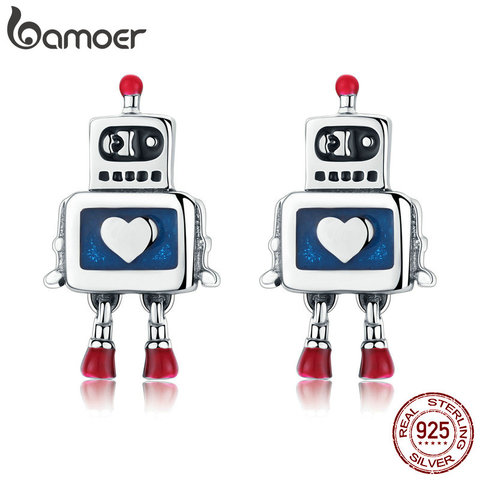 BAMOER-pendientes de plata de primera ley con forma de corazón para mujer, aretes pequeños, plata esterlina 925, diseño Robot, SCE477, gran oferta ► Foto 1/6