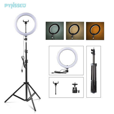 PYNSSEU-Anillo de luz LED de 26cm con soporte de anillo de luz de 1,1/1,6/2,0 M, lámpara de anillo de Selfie regulable de 10 